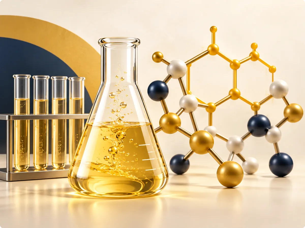 Conical flask of golden liquid, test tubes and a ball-and-stick molecular model